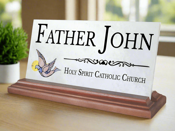 Catholic Desk Nameplate – Custom Marble Gift with Holy Spirit Dove for Priest, Deacon, or Church Staff