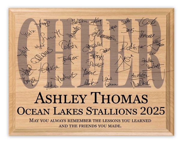Cheer Team Award Plaque – Recognition Trophy for Players, Seniors & Coaches - Custom Signable Gift - Solid Wood