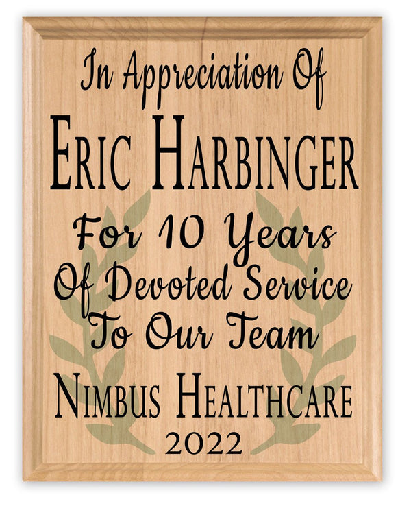 Custom Plaque Years of Service Recognition - Solid Wood - 11in x 8.5in