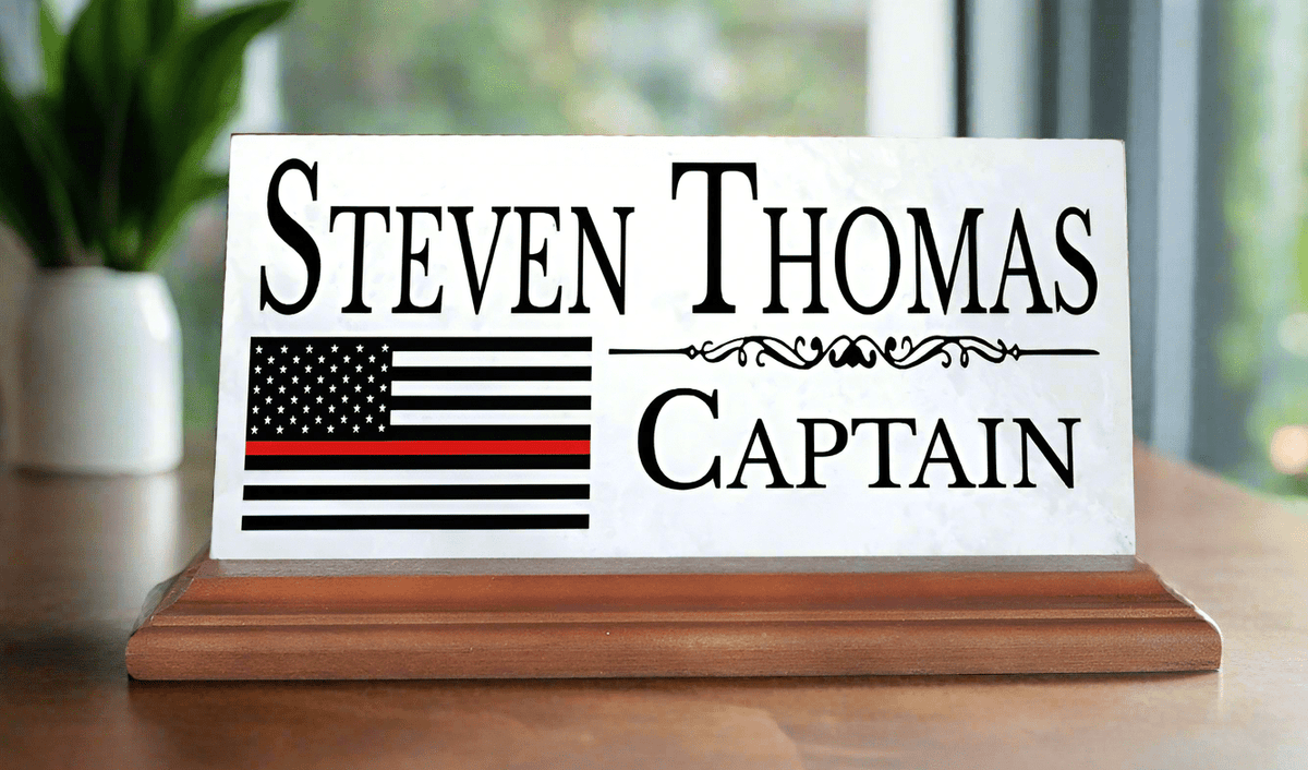 Firefighter Desk Nameplate - Thin Red Line Flag Custom Marble Name ...