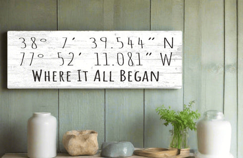 GPS Coordinate Sign - Custom Special Location or Where It All Began - Solid Wood -16.5in x 5.5in