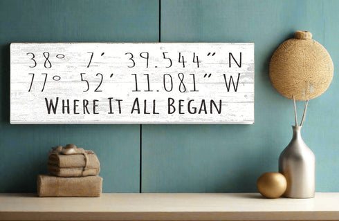 GPS Coordinate Sign - Custom Special Location or Where It All Began - Solid Wood -16.5in x 5.5in