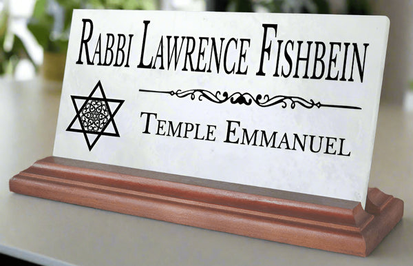 Jewish Desk Nameplate – Custom Marble Name Sign with Star of David for Rabbi, Cantor, or Temple Leader Etc.