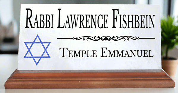 Jewish Desk Nameplate – Personalized Marble Name Sign with Blue Star of David for Synagogue or Rabbi Etc.