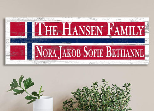 Norwegian Flag Family Name Sign – Personalized Norway Crossbar Plaque with Custom Names