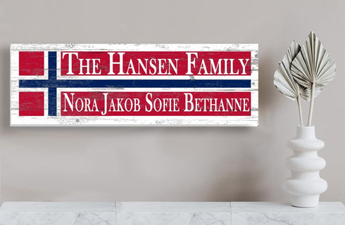 Norwegian Flag Family Name Sign – Personalized Norway Crossbar Plaque with Custom Names