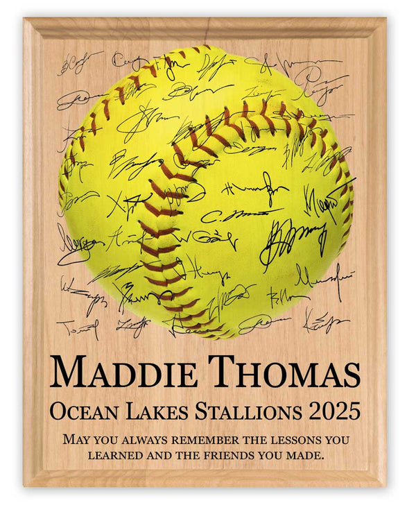 Personalized Softball Plaque – Custom Signable Senior Night & Coach Appreciation Gift – Solid Maple Wood