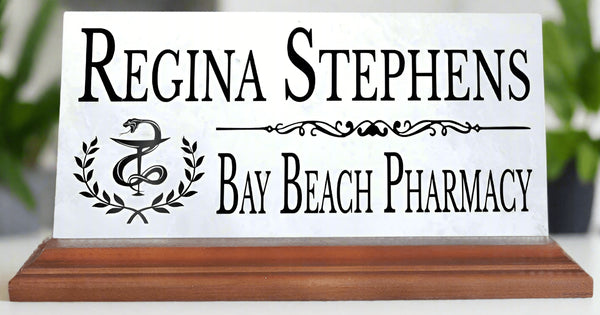 Pharmacy Desk Nameplate – Personalized Marble Name Sign for Pharmacists & Technicians