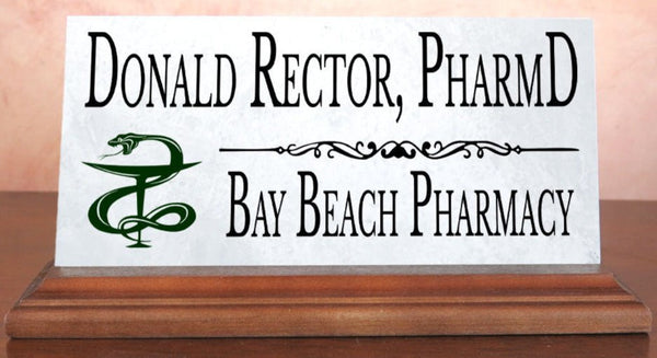 Pharmacist Desk Nameplate – Personalized Marble Name Sign with Pharmacy Logo