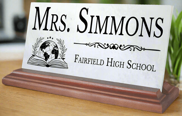 Teacher Desk Nameplate – Custom Marble Plaque with Name & School