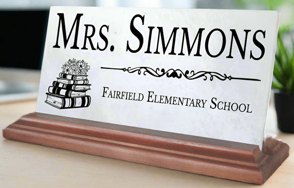 Personalized Teacher Desk Nameplate – Custom Marble Gift with Name & School