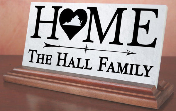 Virginia Family Home Sign  - Custom Desk or Shelf Accessory  - Solid Marble -  8.5in x 4in