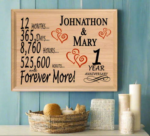 1 Year Anniversary Gift Plaque Personalized 1st Wedding Anniversary - Solid Wood