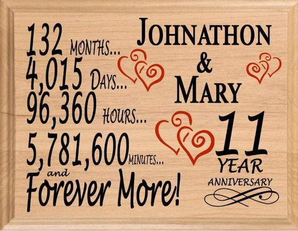 11th Anniversary Gift - Personalized Wood Plaque for Husband, Wife or Couple - 11 Year