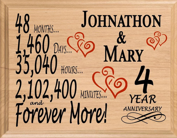 4th Anniversary Gift - Personalized Wood Plaque for Husband, Wife or Couple - 4 Year