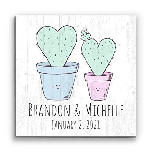 Personalized Wedding Anniversary Sign With Dates And Names Cute Custom Couples Cactus Gift- 10.5in x 10.5in�