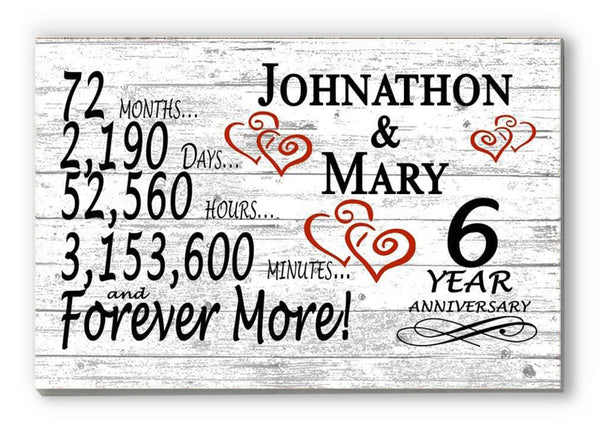 Personalized 6 Year Anniversary Gift Sign – Custom Names | Solid Wood Romantic Countdown Plaque
