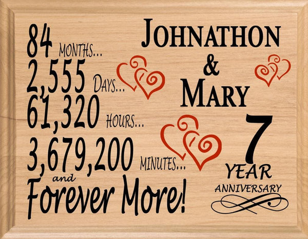 7th Anniversary Gift - Personalized Wood Plaque for Husband, Wife or Couple - 7 Year