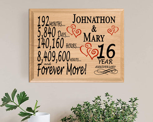 16 Year Anniversary Gift Personalized Plaque 16th Wedding Anniversary Present
