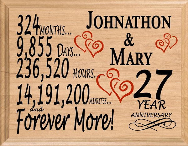 27 Year Anniversary Gift Plaque Personalized 27th Wedding Anniversary Present