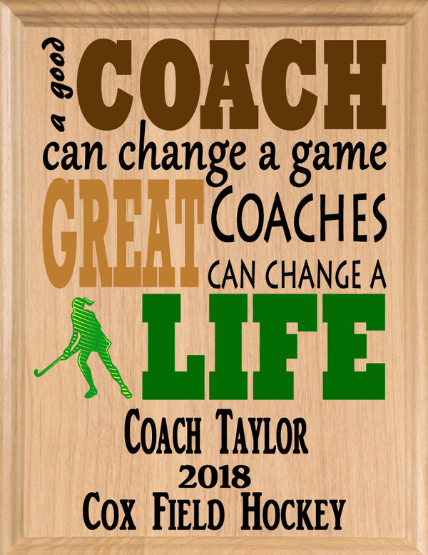 Personalized Field Hockey Coach Gift Plaque - Team Appreciation or Recognition Award