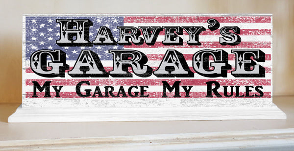 Garage Man Cave Sign PERSONALIZED Gift Men Husband Son or Grandpa- SOLID WOOD and Patriotic American Flag 16.5in x 6in