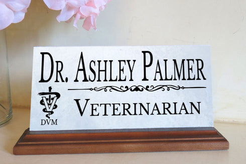 Vet Nameplate Gift - Solid Marble - Veterinarian Custom Desk Name Plate