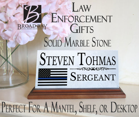 Law Enforcement Nameplate Gift - Solid Marble - Police Officer Thin Blue Line Custom Desk Name Plate