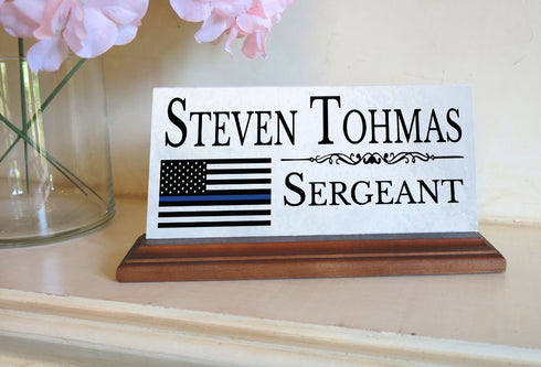 Law Enforcement Nameplate Gift - Solid Marble - Police Officer Thin Blue Line Custom Desk Name Plate