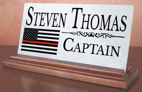 Firefighter Nameplate Gift - Solid Marble - EMS Thin Red Line Custom Desk Name Plate