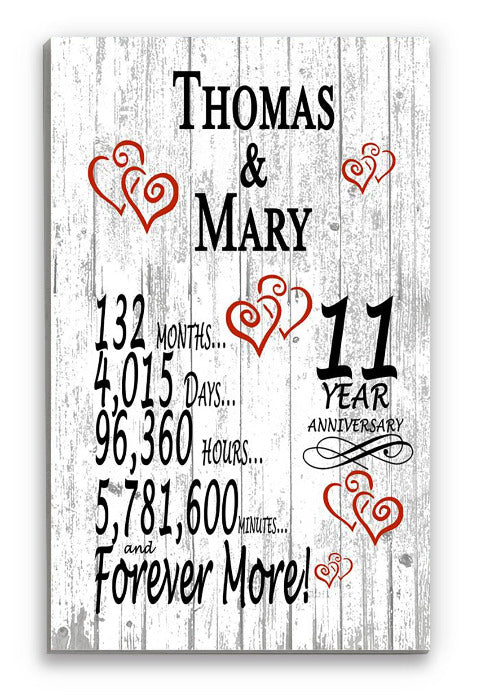 11th Anniversary Gift Personalized Sign 11 Years For Husband Wife or Couple
