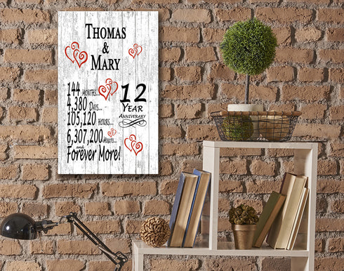 12th Anniversary Gift Personalized Sign 12 Years For Husband Wife or Couple