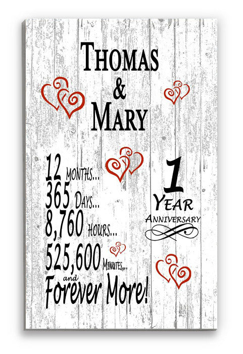 1 Year Anniversary Gift Personalized Names 1st Present Husband Wife or Couple - Solid Wood -