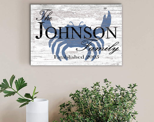 Custom Beach Home Sign Personalized Blue Crab Design with Name And Established Date