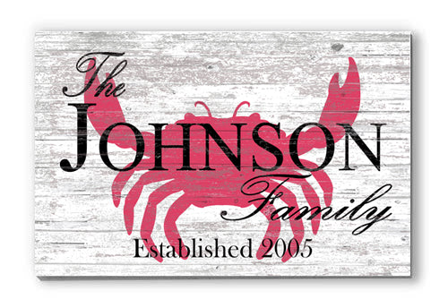 Custom Beach House Sign Personalized Blue Crab Design with Name And Established Date