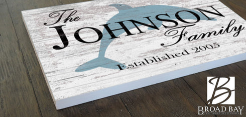 Personalized Beach Family Sign Coastal Beach House Decor Dolphin Design