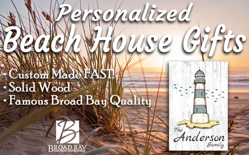 Custom Beach Home Sign Lighthouse Design with Family Name - Solid Wood