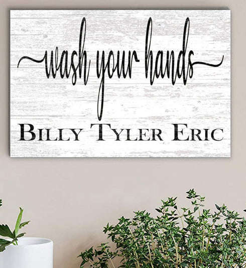 Wash Your Hands Bathroom Sign with Kids Names Personalized