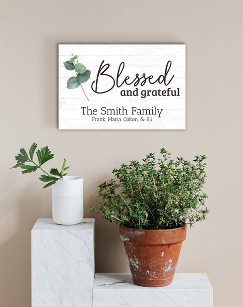 Family Name Sign Personalized Gift Farmhouse Decor "Blessed and Grateful" Wood Quote Wall Art - 16.5" x 10.5"