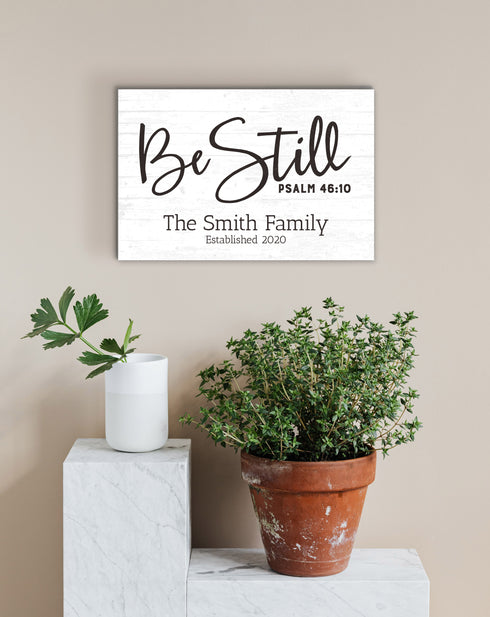 Family Name Sign Personalized Gift Farmhouse Decor "Be Still Psalm 46:10" Wood Quote Wall Art - 16.5" x 10.5"