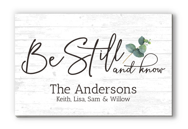 Family Name Sign Personalized Gift Farmhouse Decor "Be Still and Know" Wood Quote Wall Art - 16.5" x 10.5"