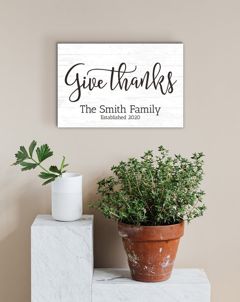 Family Name Sign Personalized Gift Farmhouse Decor "Give Thanks" Wood Quote Wall Art - 16.5" x 10.5"
