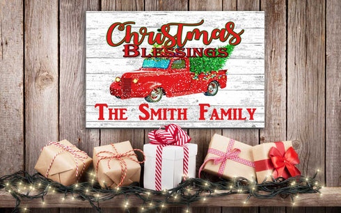 Red Truck Christmas Family Sign with Red Truck and Christmas Tree