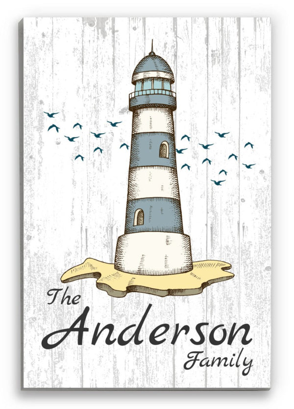 Custom Beach Home Sign Lighthouse Design with Family Name - Solid Wood