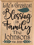 Life's Greatest Blessing Is Family Sign PERSONALIZED Housewarming or Wedding Gift