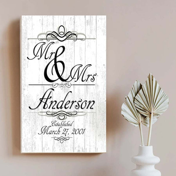 Wedding Gift Sign Personalized Mr & Mrs Family Name Established for Newlywed Couple EST. Date
