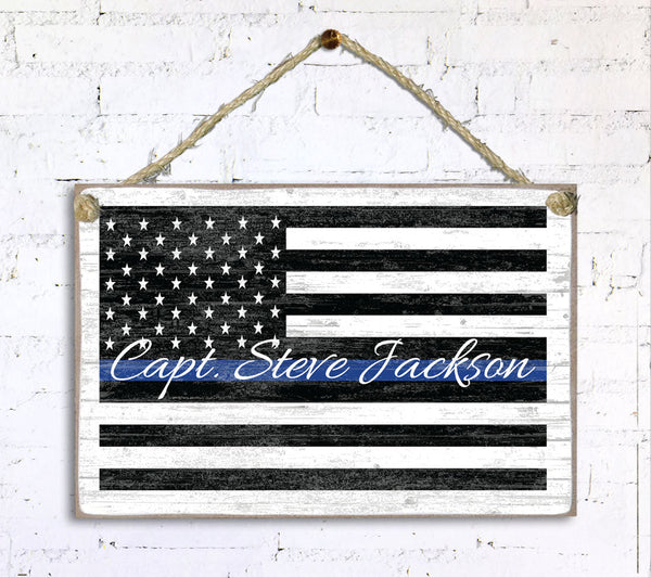 Thin Blue Line Flag Sign Personalized Name Gift For Police or Law Enforcement Officer or Family
