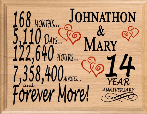 14th Anniversary Gift Personalized Plaque 14 Year Wedding Anniversary Present